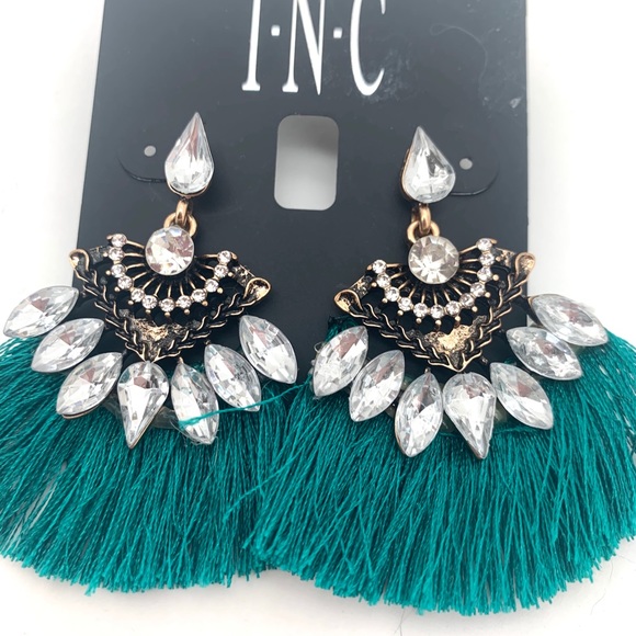 4/$25 INC Crystal Teal Green Fan Drop Earrings NEW - Picture 2 of 3
